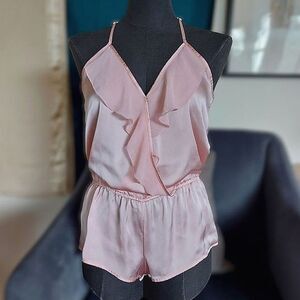 Vtg baby pink faux wrap ruffle trim romper
